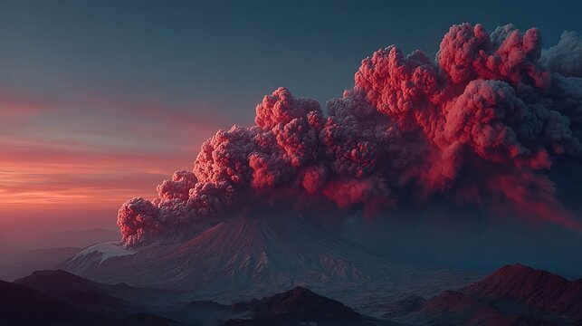 Volcano crater emitting smoke in morning golden sunrise light images illustrator