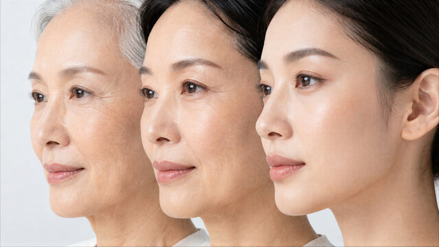 Three Asian women of different ages showing skincare and aging concept in profile