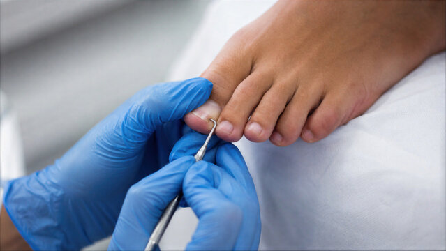 Podiatrist using a professional tool to treat an ingrown toenail on a patient's foot at a clinic