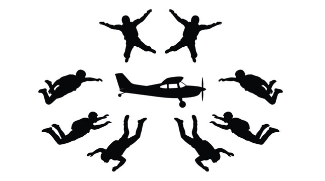 Professional vector illustration of a small airplane surrounded by multiple skydivers in a circular formation layout