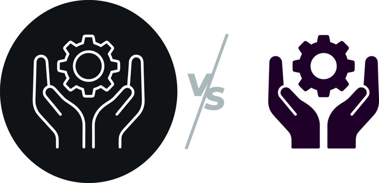 Versus Comparison Business Icon Set with Hands Cupping Gear Symbol for Technical Support and Service Comparison