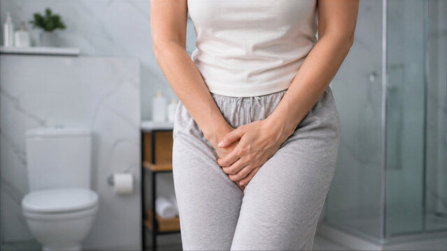 Woman Suffering from Urinary Incontinence Holding Her Pelvic Area in Bathroom