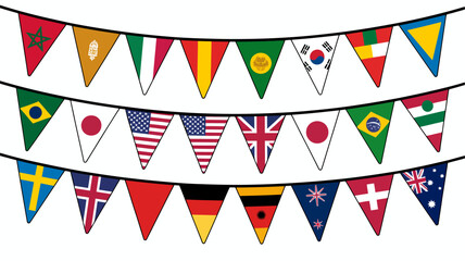 Fototapeta premium String of triangular pennants displaying various national flags against a white background pennant bunting country international global celebration festive holiday