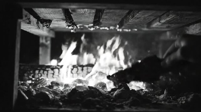 Black and white close up of wood fire being stoked in rustic outdoor oven with sparks flying
