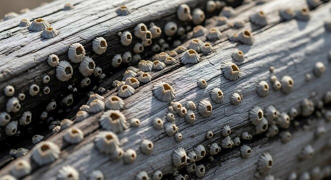 Closeup of barnacles attached to weathered driftwood on a beach