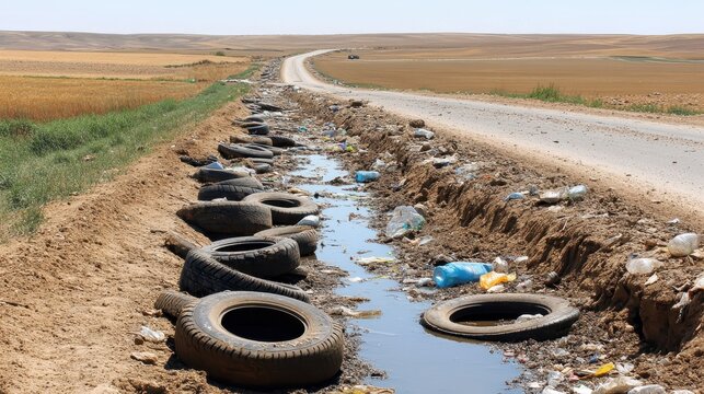 Discarded tires and plastic waste accumulated in a roadside ditch on a bright sunny day