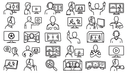 Fototapeta premium Online sports coaching line icon set. Coach video call, football training screen, player analysis, webinar outline vector illustrations. Signs for remote soccer lessons on white background.