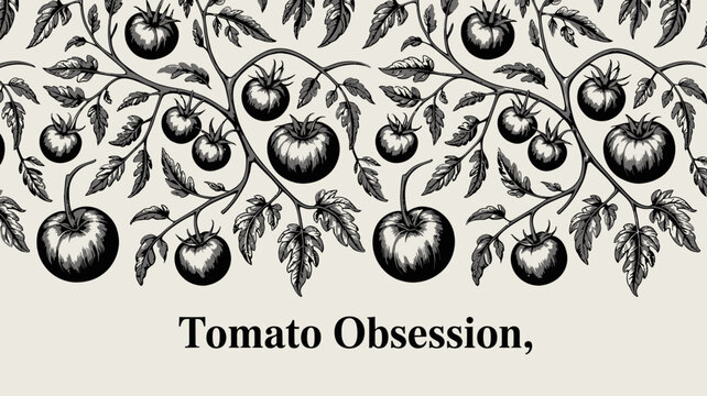 Tomato vine with ripe fruit and detailed foliage creates a black and white botanical pattern tomatoes plant illustration floral vegetable