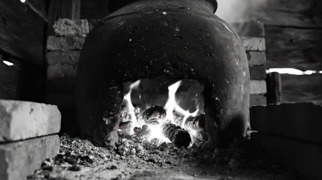Black and White Close Up of a Traditional Furnace with Burning Firewood and Smoke