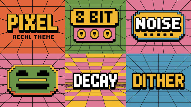 Pixel art typography with glitch effects and vibrant colored backgrounds a digital vector illustration 8 bit retro graphics pixelated text font