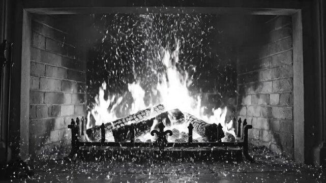 Black and white slow motion of blazing fireplace logs bursting into sparks for warmth and cozy ambiance