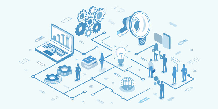 Isometric Illustration Of Gears Laptop And People In Blue Tones