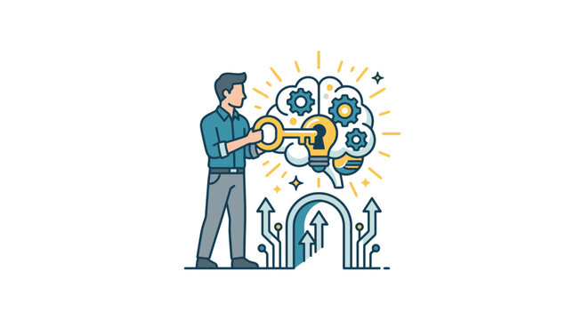 Man holding key unlocking idea brain with gears and lightbulb, innovation concept