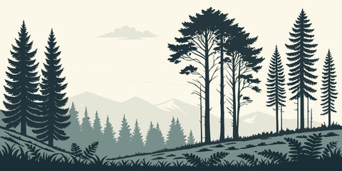 Mountain wilderness landscape with pine tree silhouettes and fern foliage foreground in a layered forest illustration mountain silhouette landscape wilderness evergreen vegetation illustration © AE