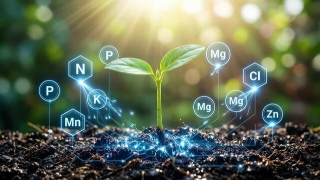 Young plant in fertile soil under sunlight with nutrient elements, agriculture growth concept, essential mineral nutrients for plants, efficient farming, soil health enhancement