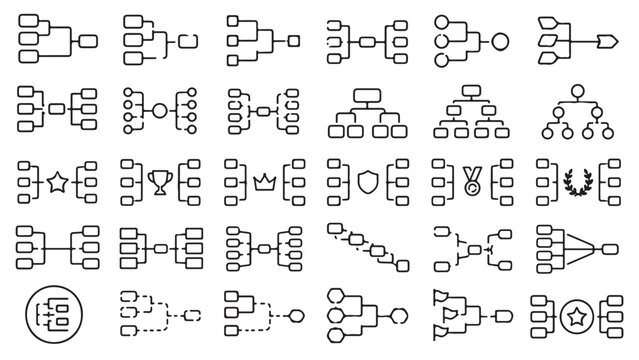 Organization chart line icon set. Hierarchy diagrams, workflow nodes, team structure, network tree outline vector illustrations on white background. Signs for business process.