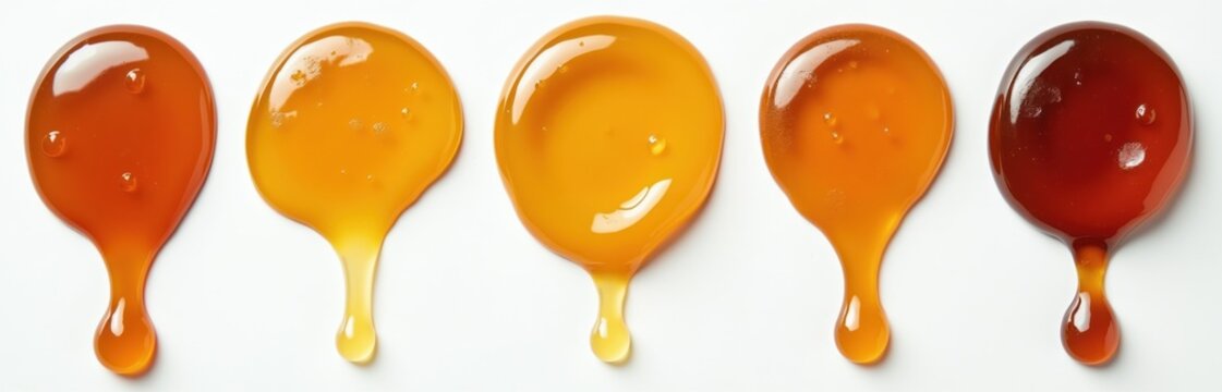 Golden amber liquid flows in droplets on white surface. Viscous syrupy substance shows different shades of caramel and honey. Sweet flowing texture.