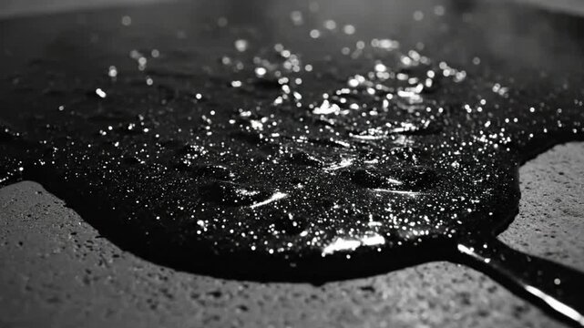 Black viscous liquid spreading and pooling on dark surface, close-up with light reflections and abstract texture.