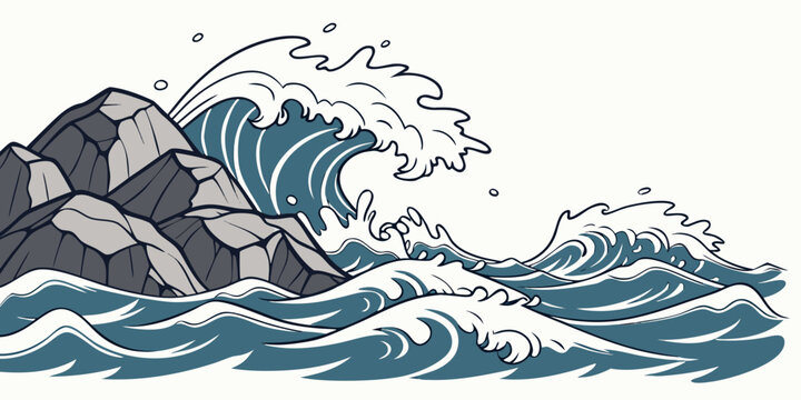 Great ocean wave crashing against dark jagged rocks along the coast powerful sea surf breaking with white foam and spray in a graphic illustration style crashing coastline movement nautical