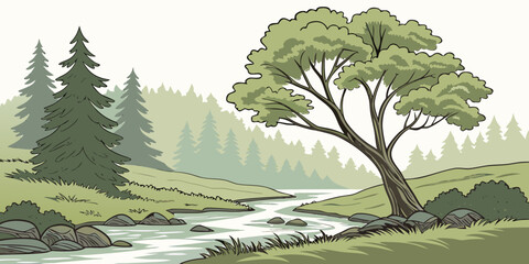 Illustrative landscape featuring a rocky river stream with leaning tree and coniferous pine forest landscape deciduous illustration mountainside wilderness environment riverside hillside © AE