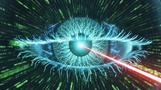 Abstract digital eye with vibrant blue iris and radiating green light circles