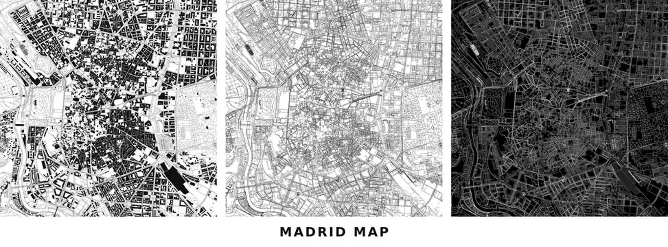 Set of three abstract city maps of madrid, spain, showing urban layout vector illustration