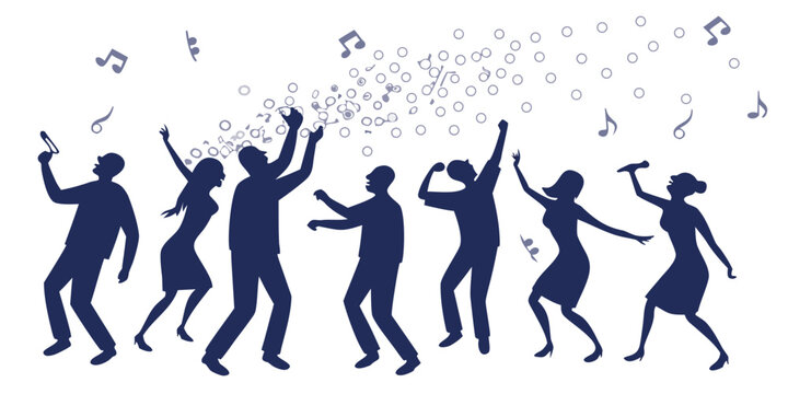 Silhouette group of people dancing with musical notes floating in celebration silhouette nightlife enthusiastic enjoyment movement entertainment gathering lifestyle performance