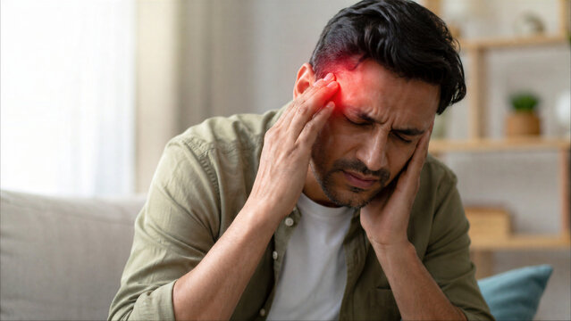 Man Suffering from Severe Migraine or Tension Headache with Red Pain Glow Overlay, Touching Temple in Pain While Sitting at Home