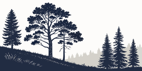 Scenic forest hillside silhouette with pine trees silhouette landscape hillside coniferous woodland outdoors evergreen mountains panoramic background illustration wilderness environment © AE