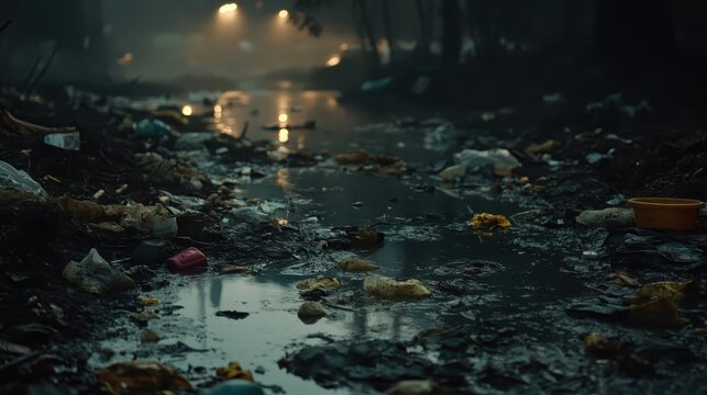 Industrial waste pollutes a city canal with debris and murky water under dim urban lighting