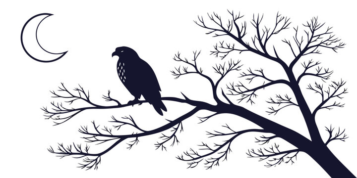 Intricate silhouette art of a bird of prey resting on a bare tree branch at night with a crescent moon silhouette wildlife illustration crescent monochrome minimalist predator nighttime