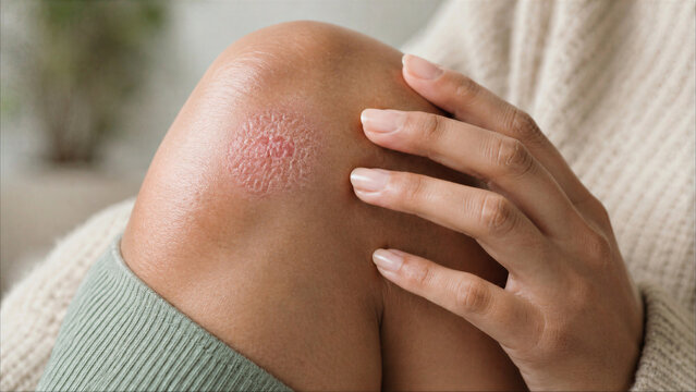 Close-up of a person touching a circular red scaly skin rash on their knee, symptom of dermatitis or psoriasis