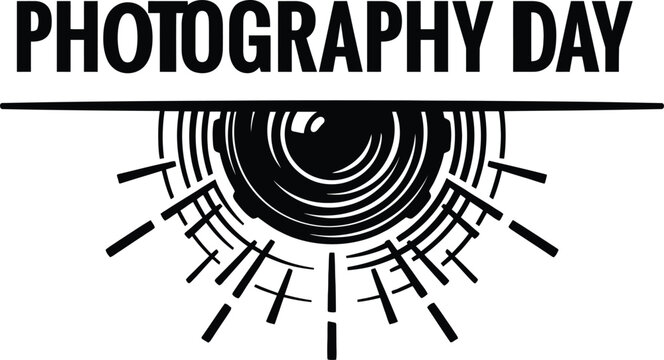 A stylized black and white graphic design illustration featuring a camera lens icon with radiating lines and bold typography celebrating the annual world photography day event.