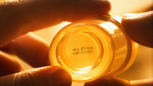 Close-up of a skincare product bottom showing manufacturing date 031024 and expiration date 031027 held by hands