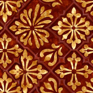 Golden watercolor khachkar seamless pattern on deep red background