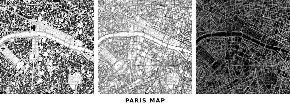 Paris city map showing urban layout, street network and building blocks vector illustration