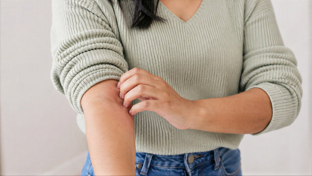 Young woman scratching itchy arm due to skin irritation or allergy