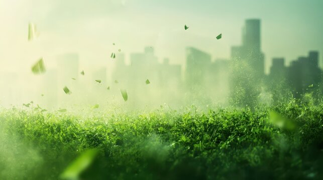 Lush green urban park with butterflies flying against a misty city skyline, symbolizing clean air and ecological advancement.