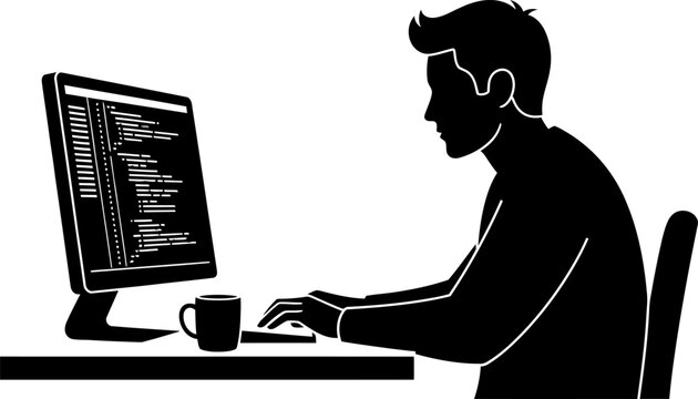 Silhouette of a male programmer working on code at his computer desk.