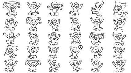 Fototapeta premium Cheering supporter poses line icon set. Fans jumping, raising arms, waving scarves, celebrating goals outline vector illustrations. Signs for football victory on white background.