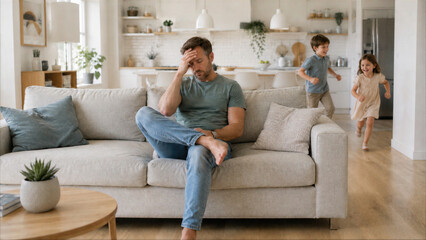 Fototapeta premium Stressed father sitting on living room sofa with energetic children playing in background