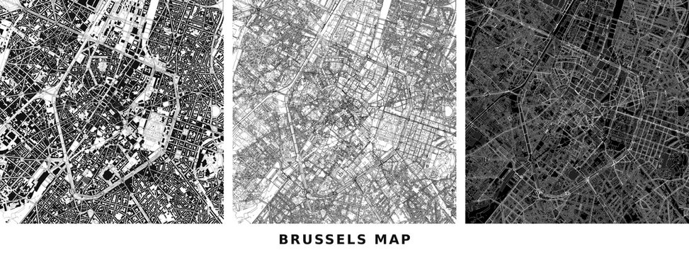 Brussels city map with building footprints and road network layers vector illustration