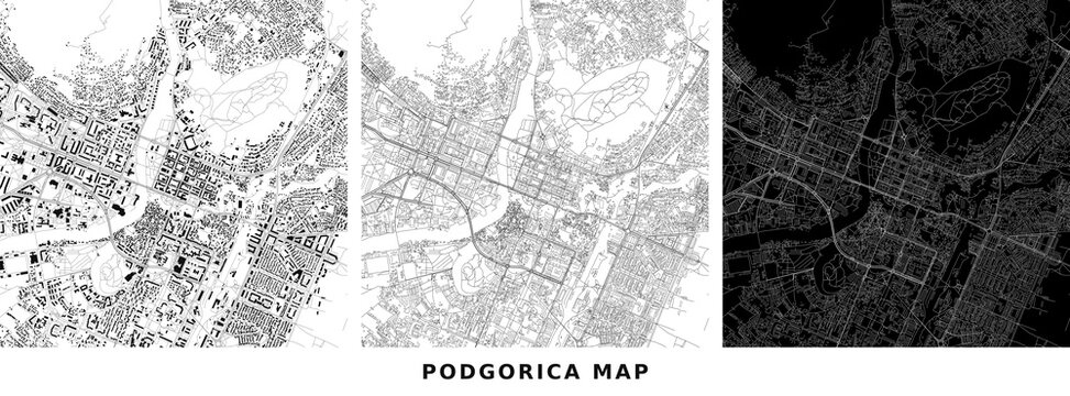 Podgorica city map with building footprints, road network and dark street layout vector illustration