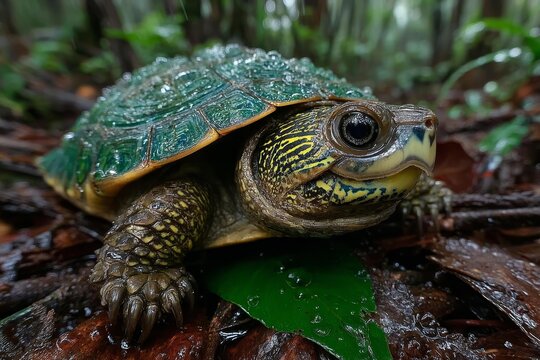 Green and yellow turtle shell on wet wood surface