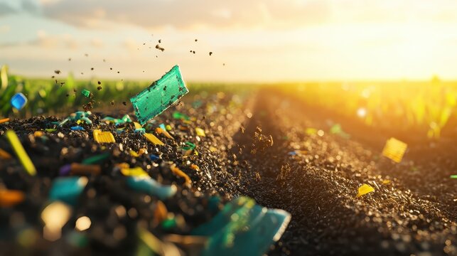 Plastic microplastic fragments contaminating fertile agricultural soil in a field with sunlight and sky.