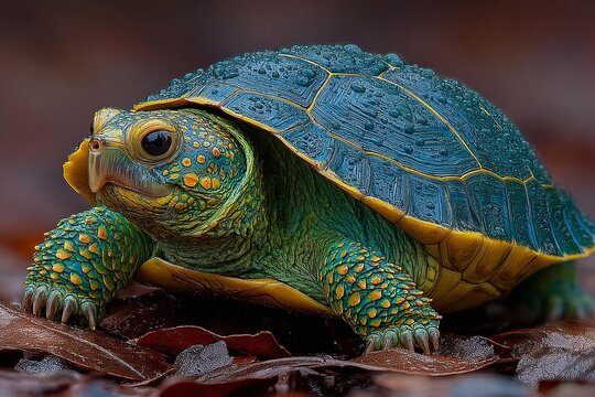Blue green tortoise resting on dark leaves