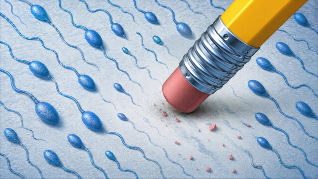 Pencil eraser removing blue sperm cells, symbolizing male infertility, vasectomy, or contraceptive concepts on a textured background.