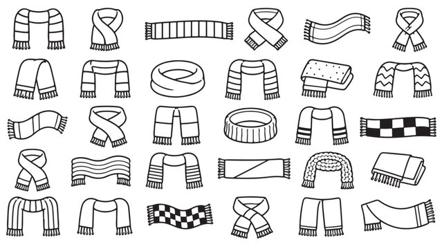 Football scarf apparel line icon set. Team scarves, knitted mufflers, supporter neckwear, striped fan cloth outline vector illustrations. Symbols for sports merchandise on white background.