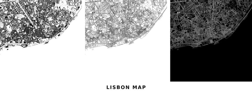 Lisbon city map with building footprints, road network and street lines vector illustration