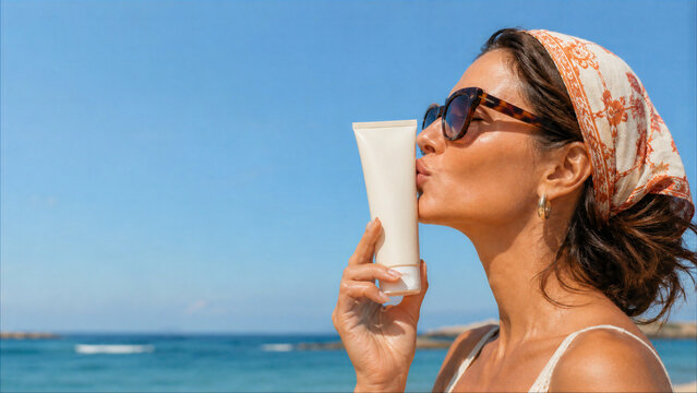 Beautiful woman at the beach kissing a sunscreen tube, wearing sunglasses and headscarf, sun protection and skincare concept during summer vacation